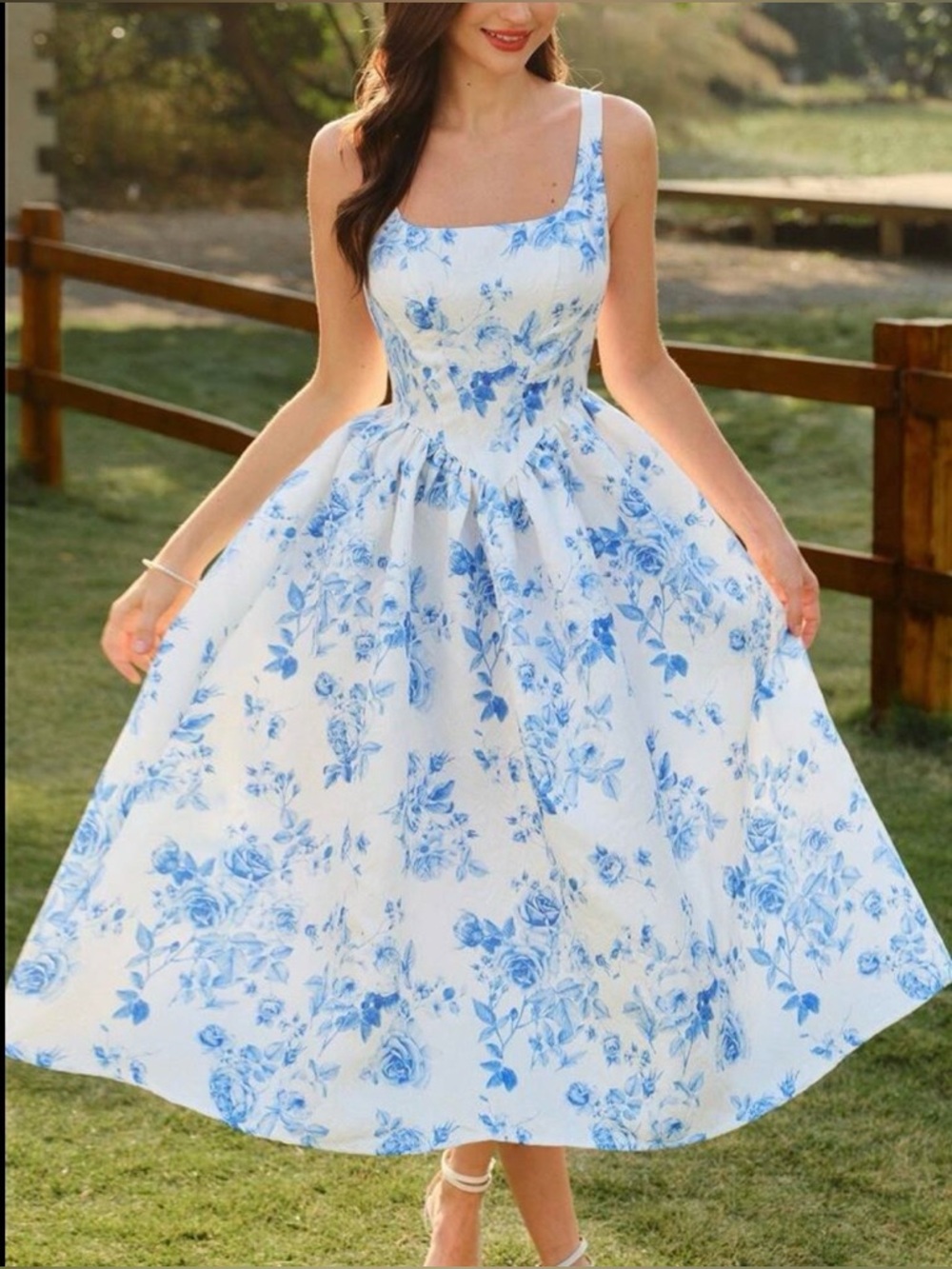 $25 Blue Floral Square-Neck Midi Dress - Elegant Women's Summer Dress New $25 - Picture 4 of 8